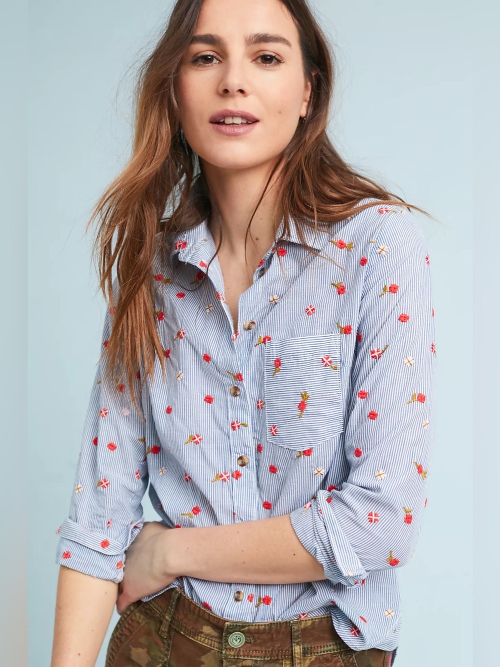 Anthropologie Maeve Embroidered Buttondown Long Sleeve Striped Top
